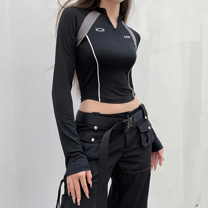 Harajuku Stripe Stitch Skinny Autumn Tee T-shirt Women Moto&Biker Style Invisible Zipper Crop Top Sporty Stand Collar