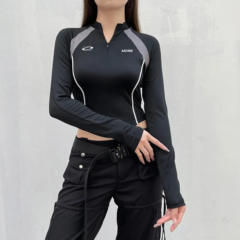 Harajuku Stripe Stitch Skinny Autumn Tee T-shirt Women Moto&Biker Style Invisible Zipper Crop Top Sporty Stand Collar