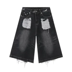 High Street Men's Washed Jeans Summer New Fashion Cat Whiskers Design Male Denim Shorts Calf-Length Pants Straight 9C5982