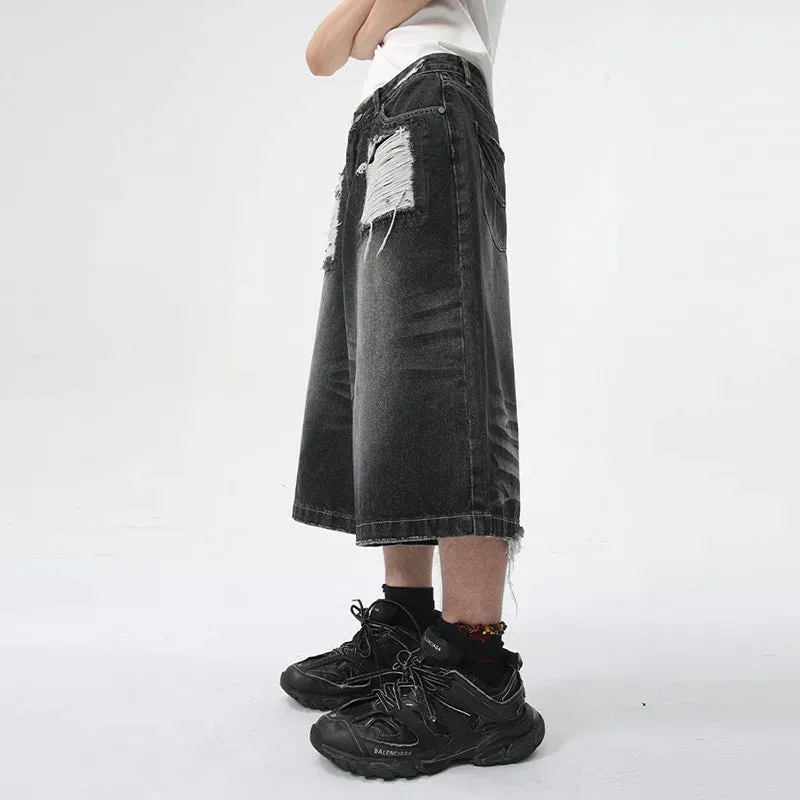 High Street Men's Washed Jeans Summer New Fashion Cat Whiskers Design Male Denim Shorts Calf-Length Pants Straight 9C5982