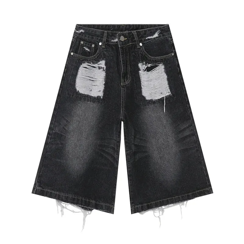 High Street Men's Washed Jeans Summer New Fashion Cat Whiskers Design Male Denim Shorts Calf-Length Pants Straight 9C5982