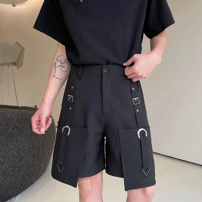 High Waisted Shorts Summer New Casual Men's Cargo Pants Pocket Zipper Solid Color Loose Fashion Metal Ribbon 9C5355