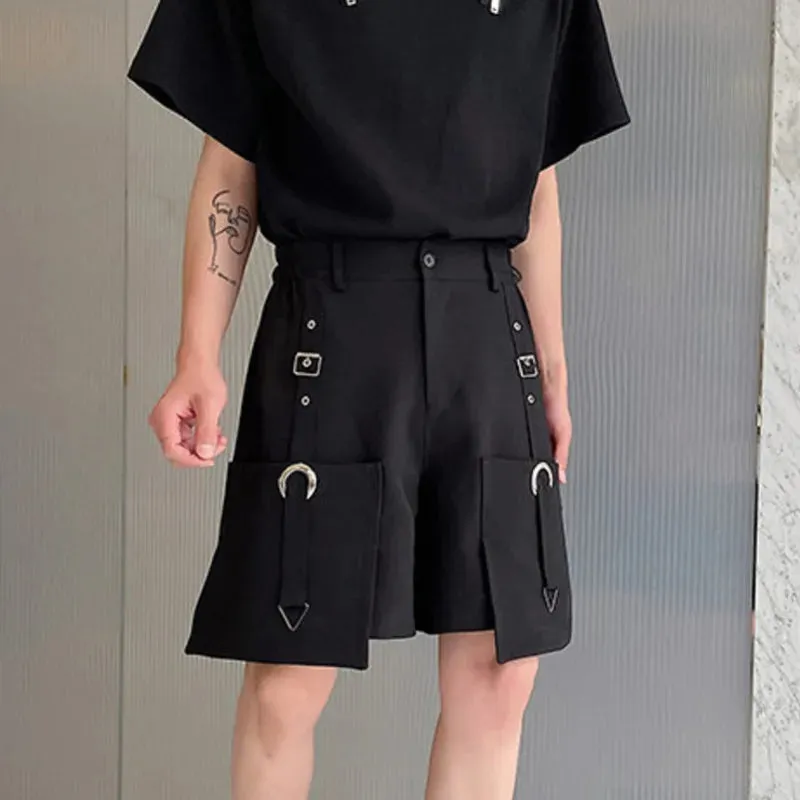 High Waisted Shorts Summer New Casual Men's Cargo Pants Pocket Zipper Solid Color Loose Fashion Metal Ribbon 9C5355