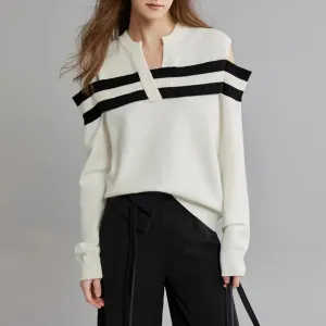 Hit Color Knitting Sweater For Women V Neck Long Sleeve Casual Loose Off Shoulder Autumn Sweater Female Fashion