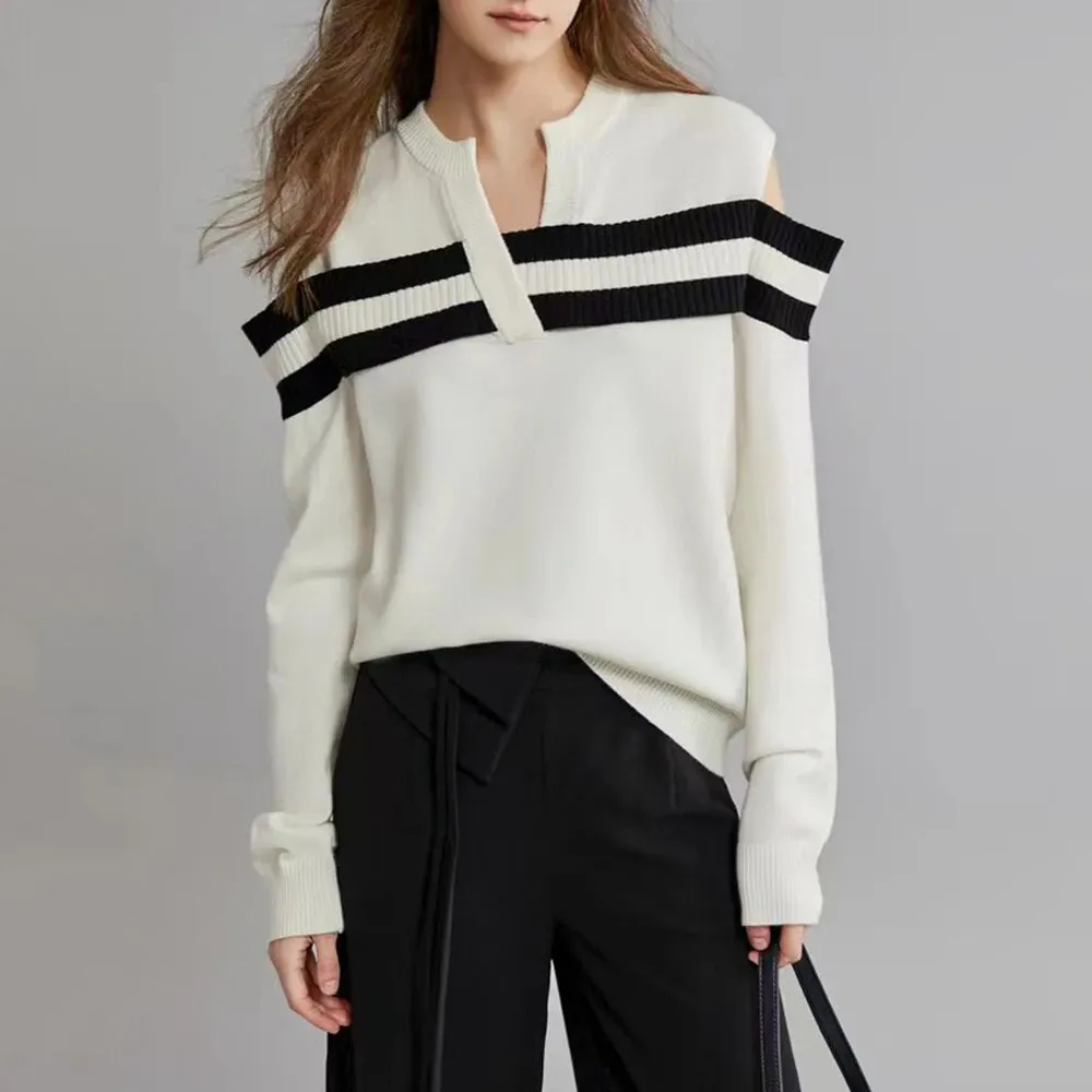 Hit Color Knitting Sweater For Women V Neck Long Sleeve Casual Loose Off Shoulder Autumn Sweater Female Fashion