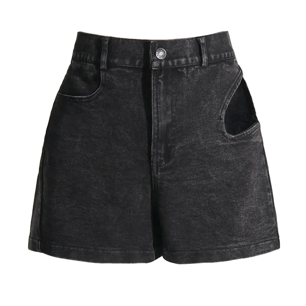 Hollow Out Deinm Shorts For Women High Waist Patchwork Button Zipper Casual Temperament Short Pants Female Fashion