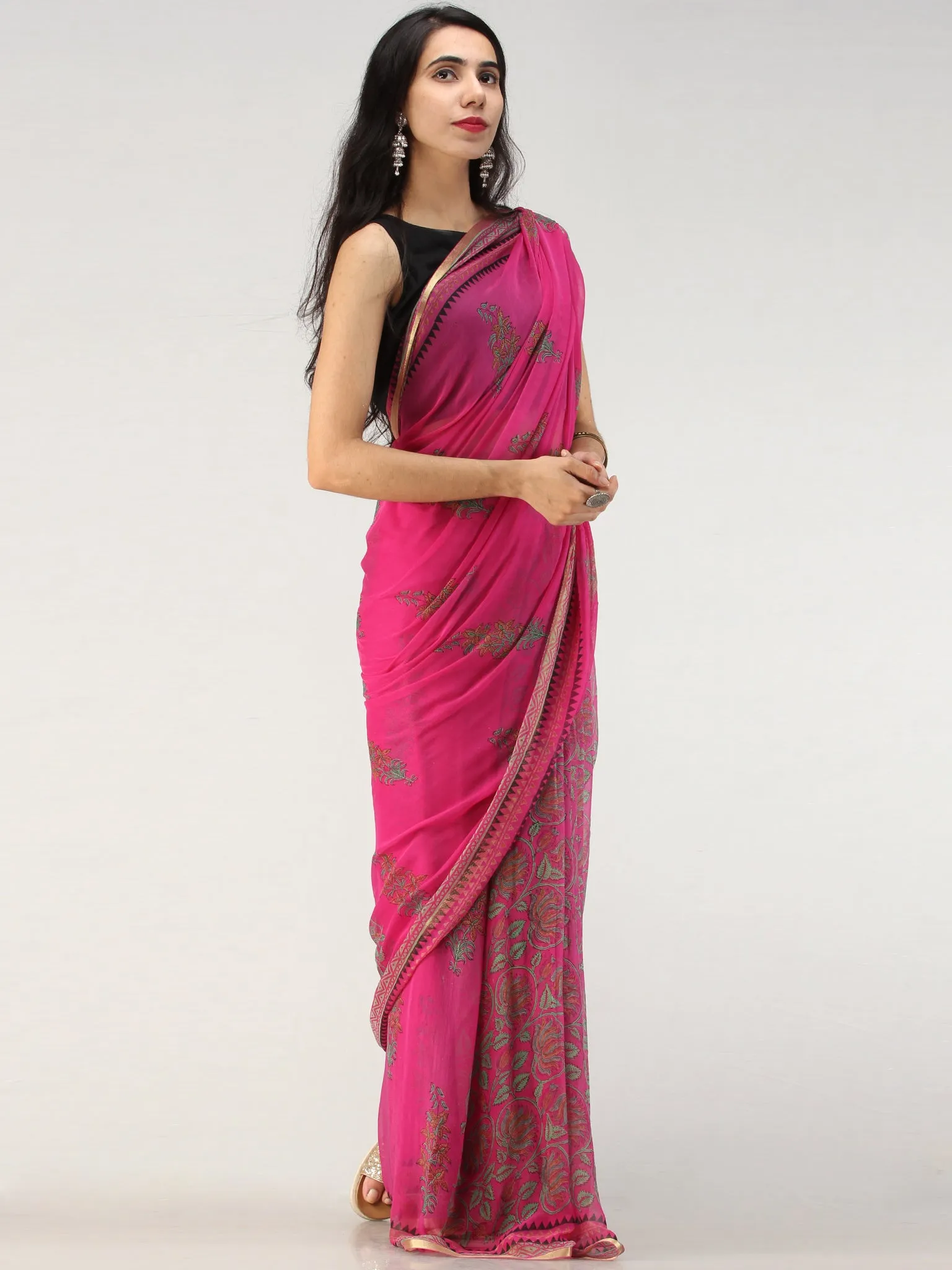 Hot Pink Green Hand Block Printed Chiffon Saree with Zari Border - S031704561