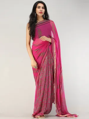 Hot Pink Green Hand Block Printed Chiffon Saree with Zari Border - S031704561