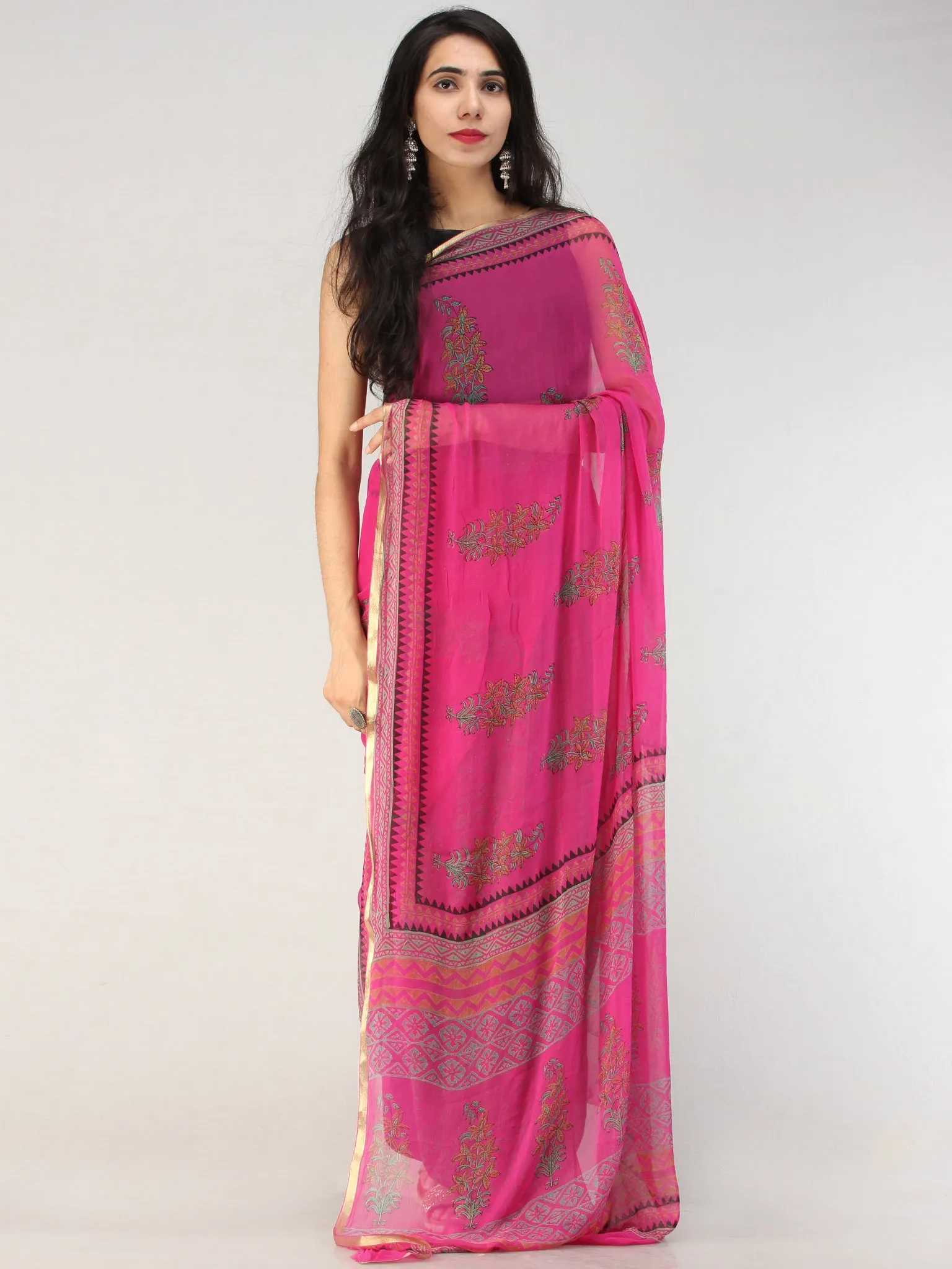 Hot Pink Green Hand Block Printed Chiffon Saree with Zari Border - S031704561