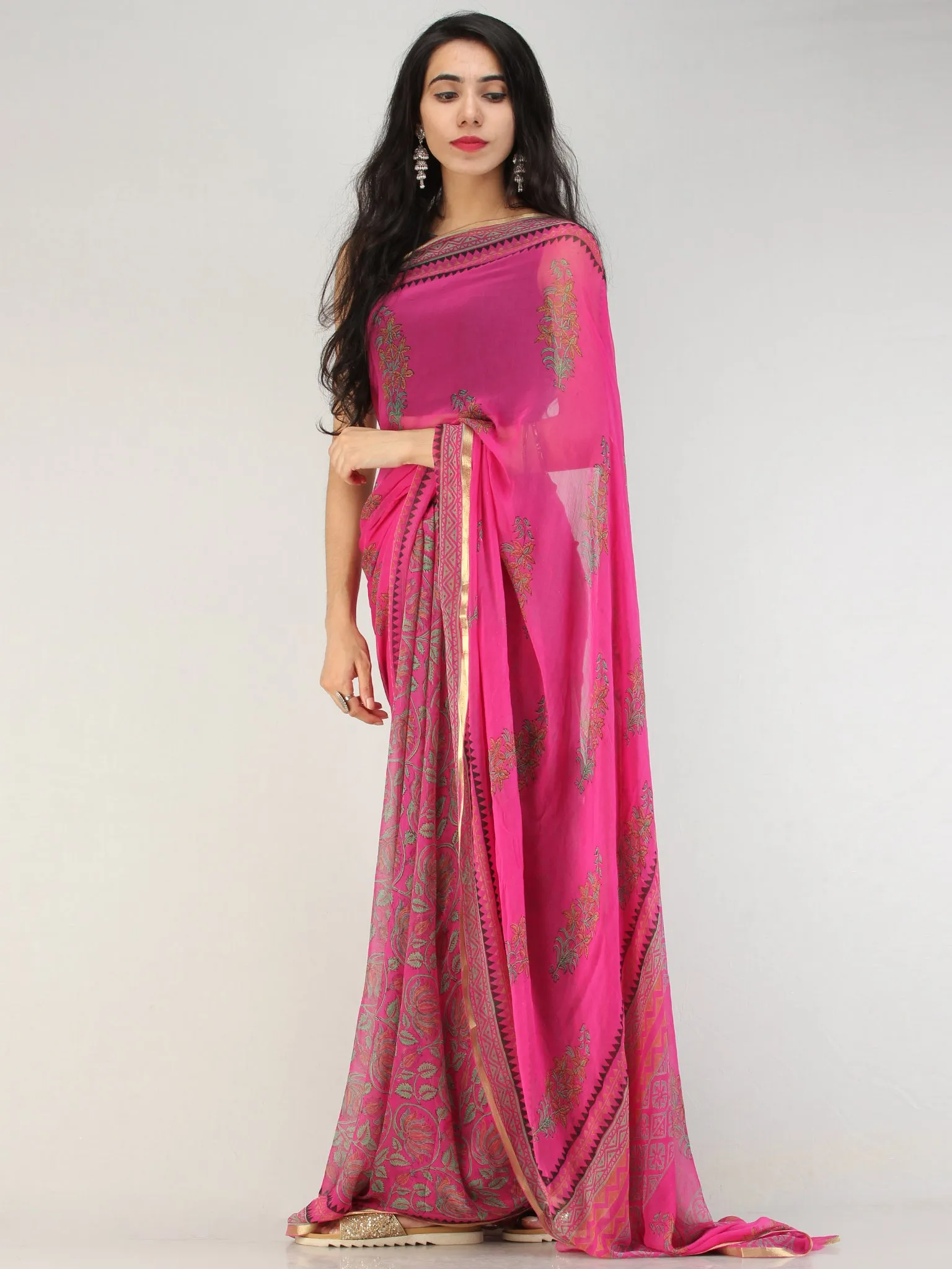 Hot Pink Green Hand Block Printed Chiffon Saree with Zari Border - S031704561