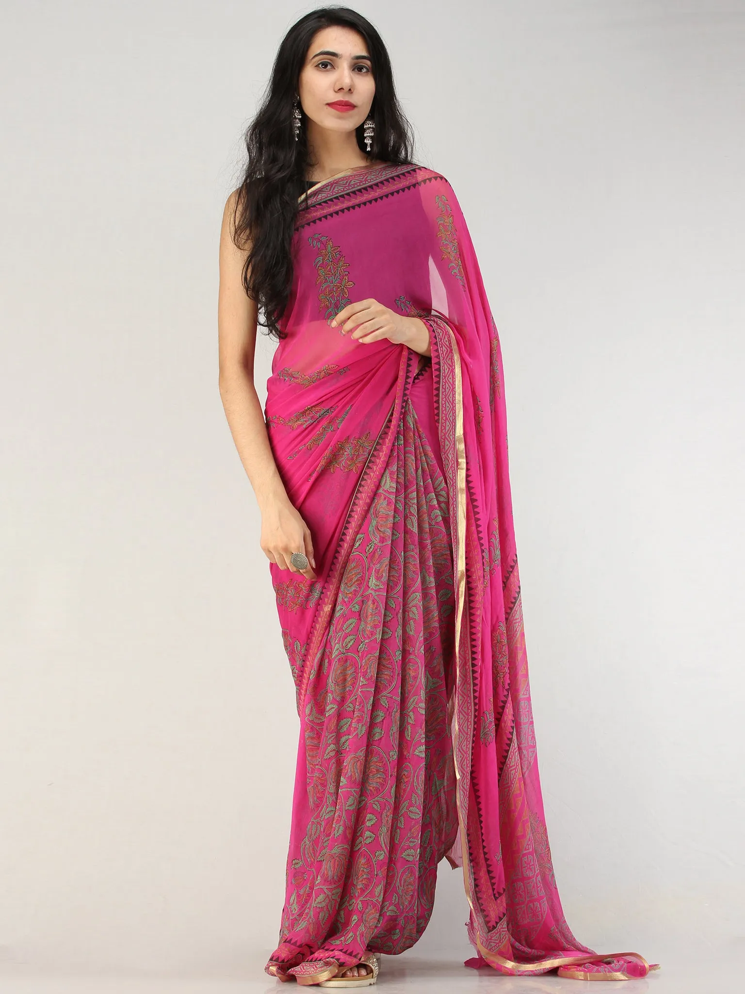 Hot Pink Green Hand Block Printed Chiffon Saree with Zari Border - S031704561