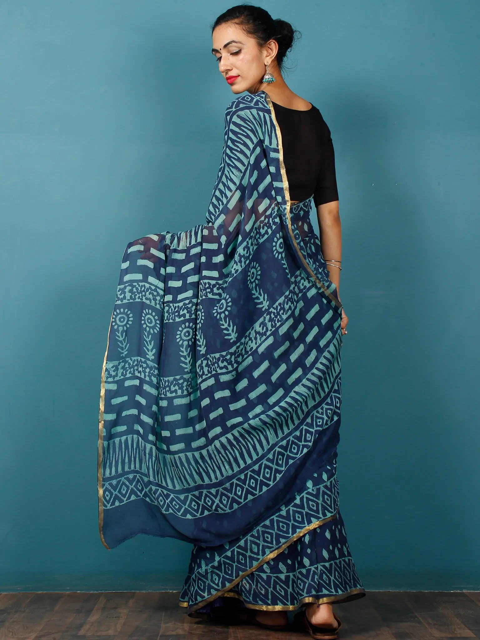 Indigo Blue Hand Block Printed Chiffon Saree with Zari Border - S031702805