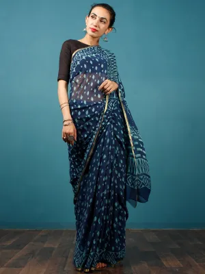 Indigo Blue Hand Block Printed Chiffon Saree with Zari Border - S031702805