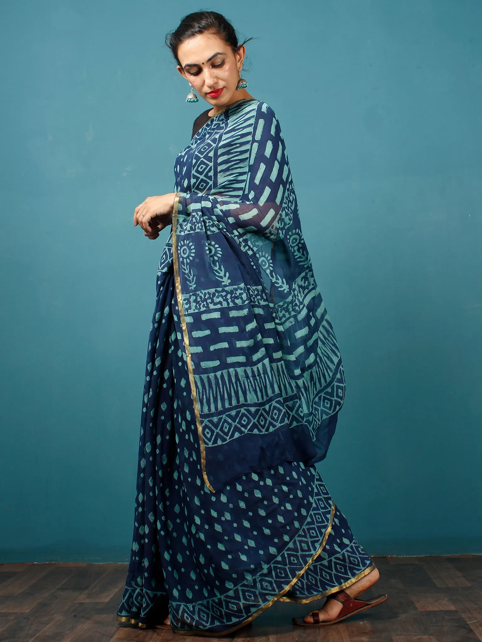 Indigo Blue Hand Block Printed Chiffon Saree with Zari Border - S031702805