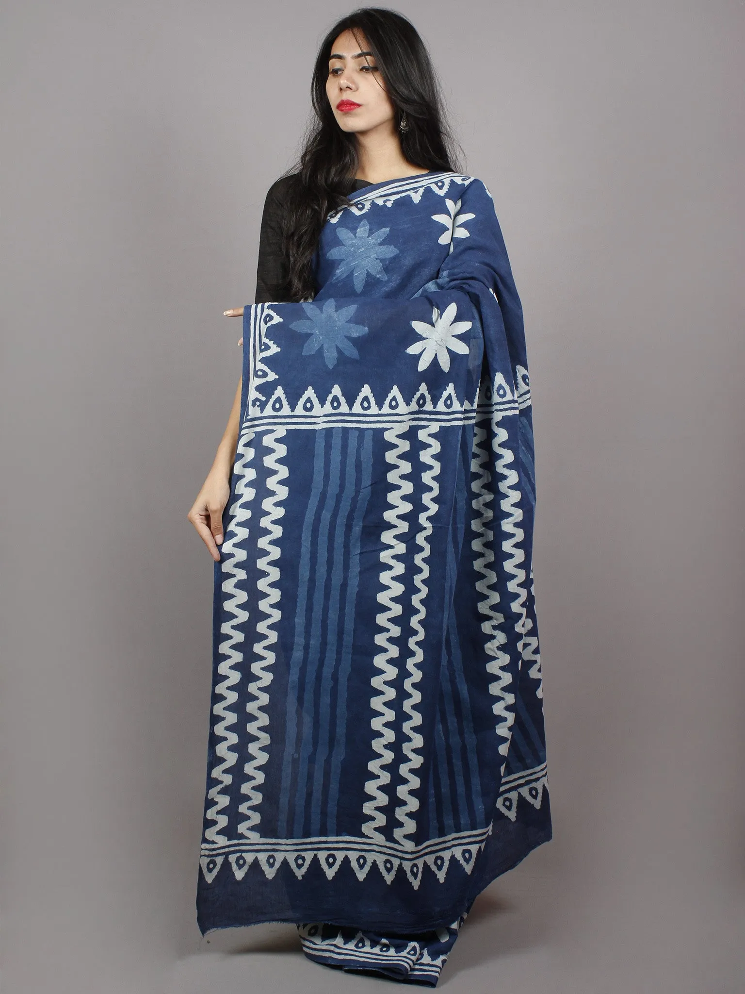 Indigo Blue White Hand Block Printed in Natural Colors Cotton Mul Saree - S031701345
