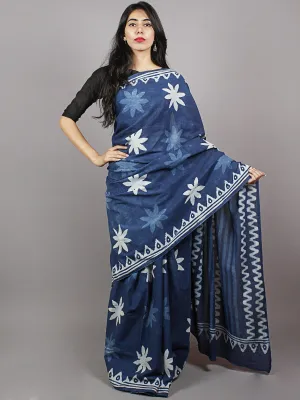 Indigo Blue White Hand Block Printed in Natural Colors Cotton Mul Saree - S031701345