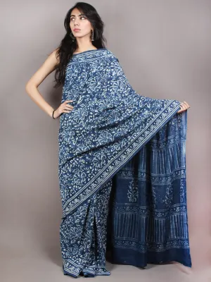 Indigo Cotton Hand Block Printed & Painted Saree - S03170740
