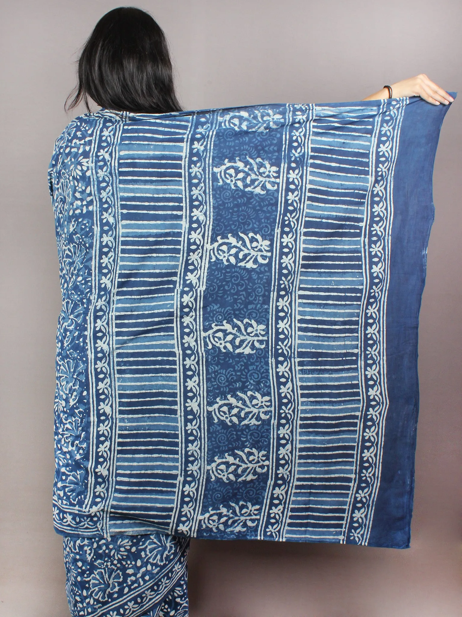 Indigo Cotton Hand Block Printed & Painted Saree - S03170740