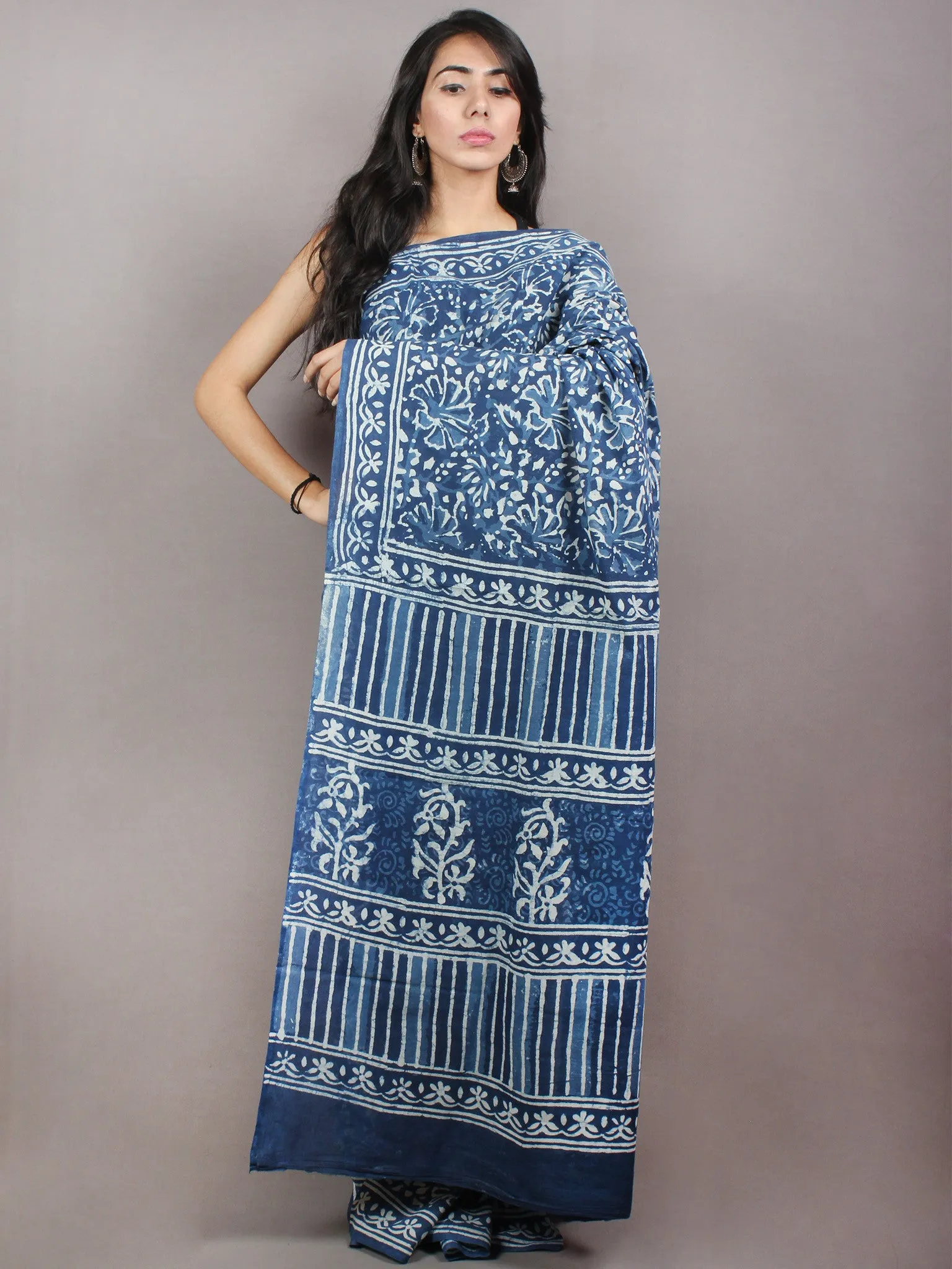 Indigo Cotton Hand Block Printed & Painted Saree - S03170740