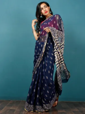 Indigo Ivory Hand Block Printed Chiffon Saree with Zari Border - S031702809