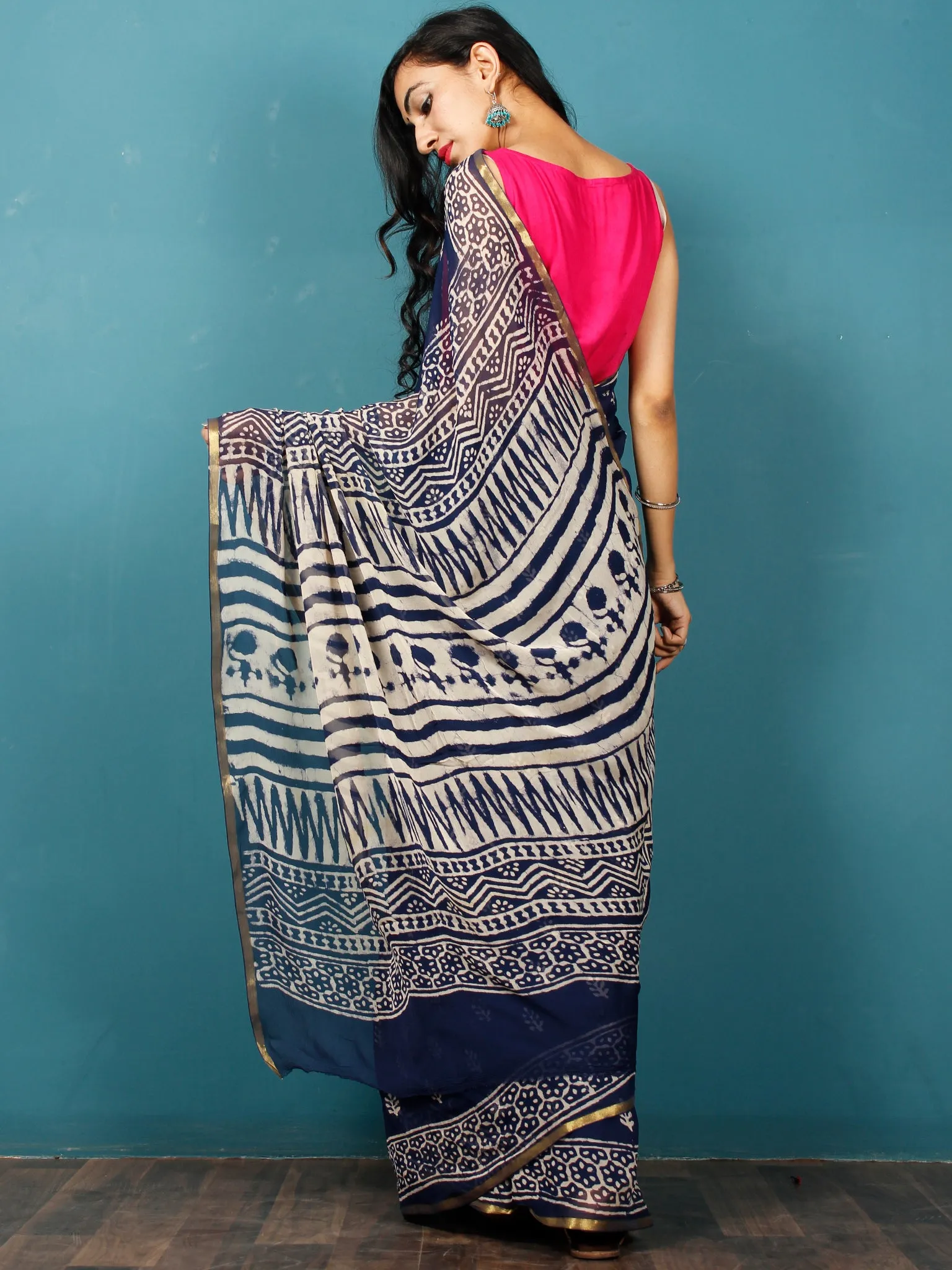 Indigo Ivory Hand Block Printed Chiffon Saree with Zari Border - S031702809