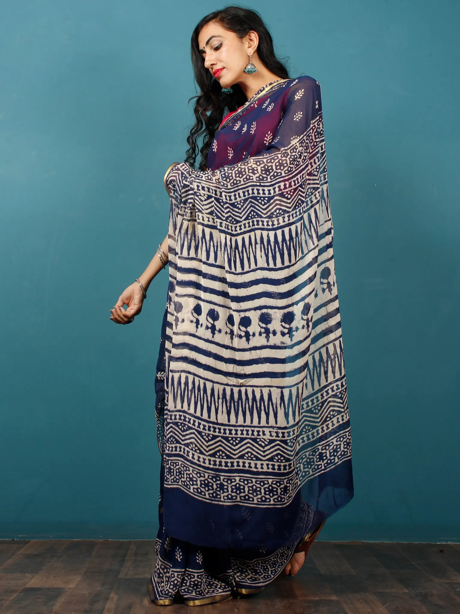 Indigo Ivory Hand Block Printed Chiffon Saree with Zari Border - S031702809