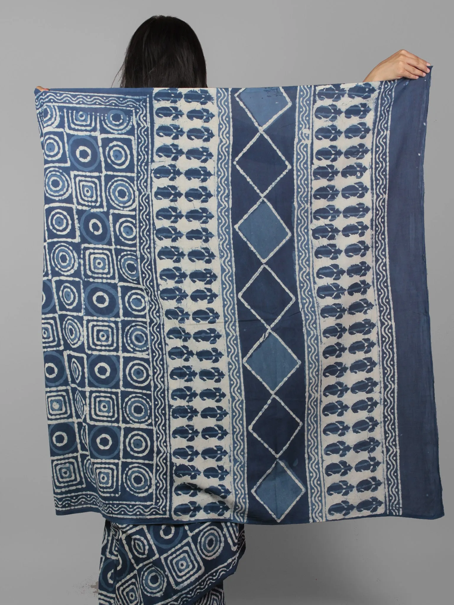 Indigo Ivory Hand Block Printed in Natural Colors Cotton Mul Saree - S031702011