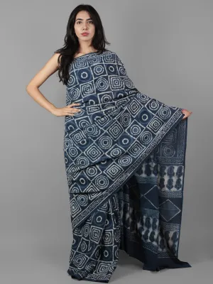 Indigo Ivory Hand Block Printed in Natural Colors Cotton Mul Saree - S031702011