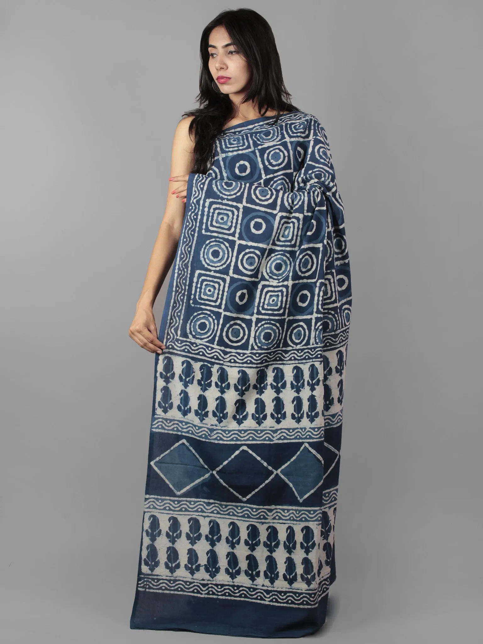 Indigo Ivory Hand Block Printed in Natural Colors Cotton Mul Saree - S031702011