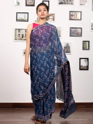 Indigo Purple White Hand Block Printed Chiffon Saree with Zari Border - S031703168