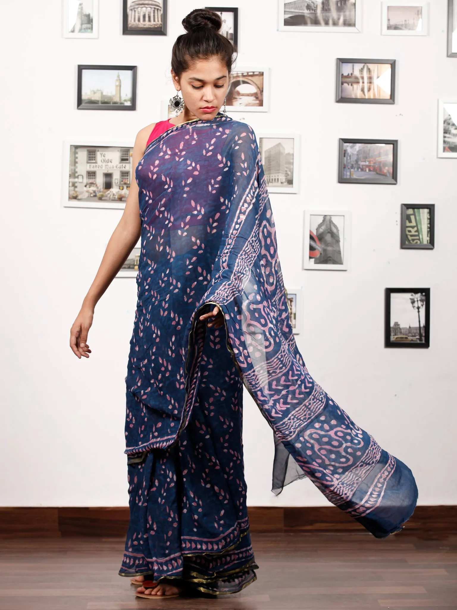 Indigo Purple White Hand Block Printed Chiffon Saree with Zari Border - S031703168