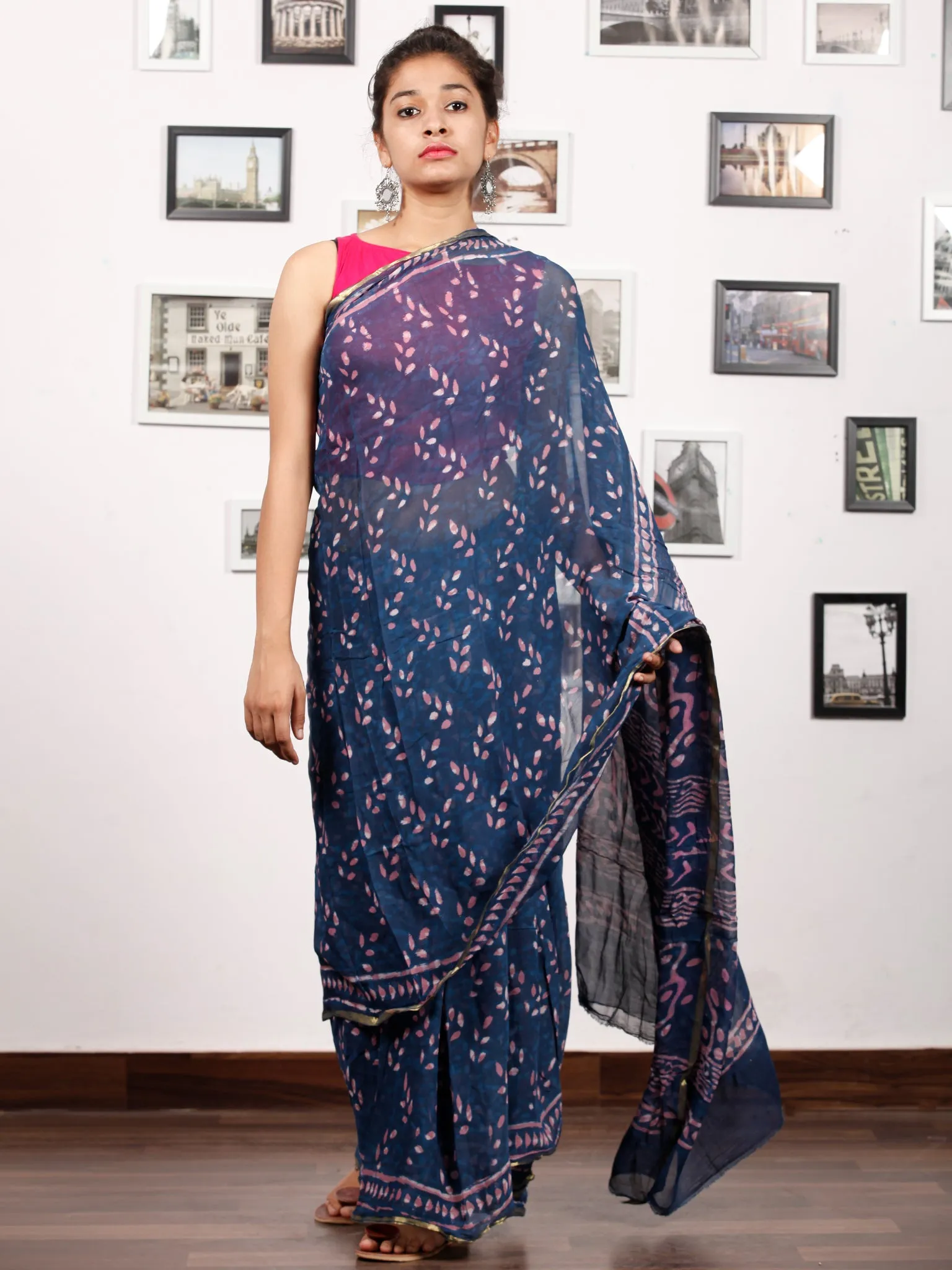 Indigo Purple White Hand Block Printed Chiffon Saree with Zari Border - S031703168