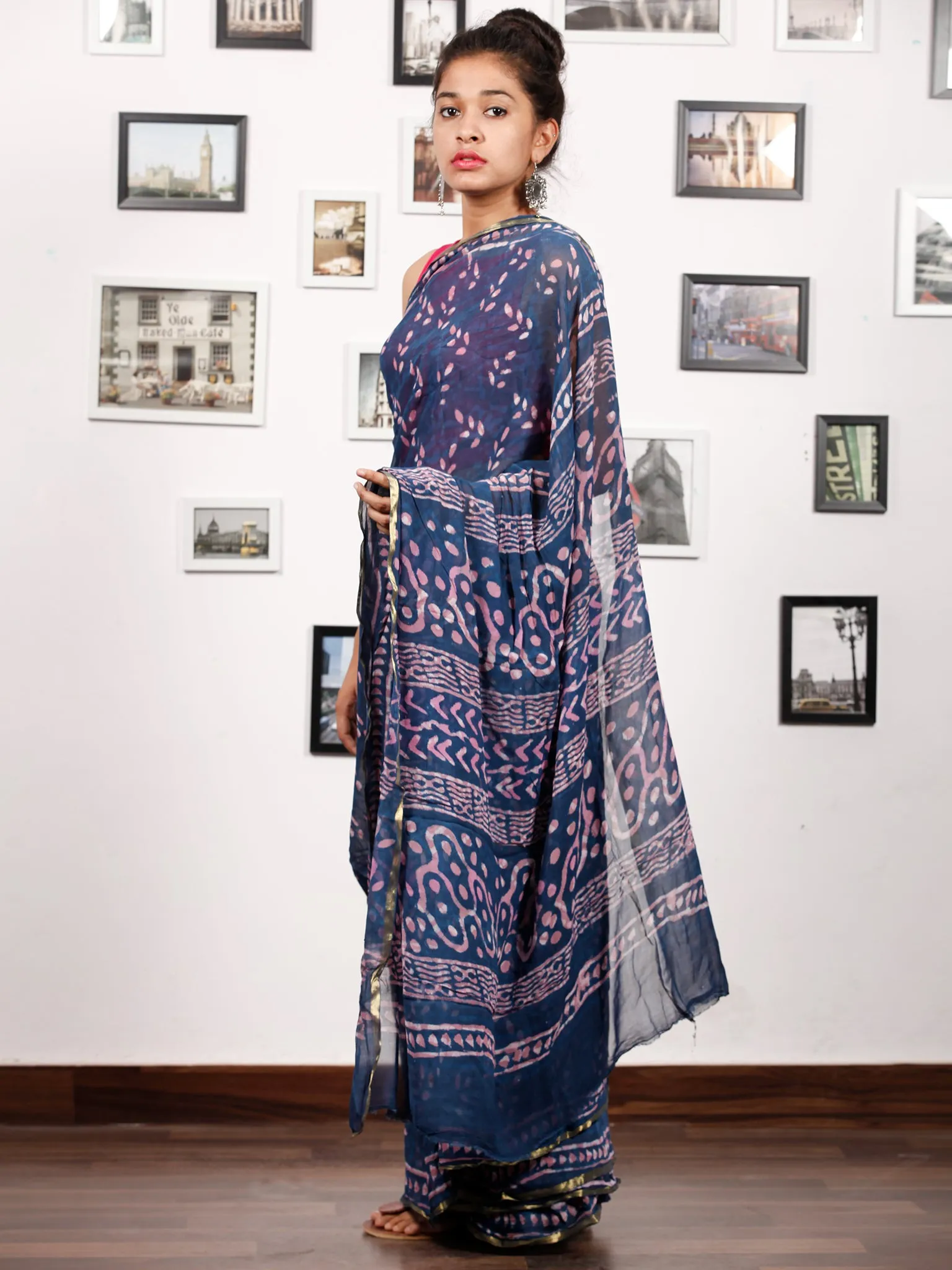 Indigo Purple White Hand Block Printed Chiffon Saree with Zari Border - S031703168