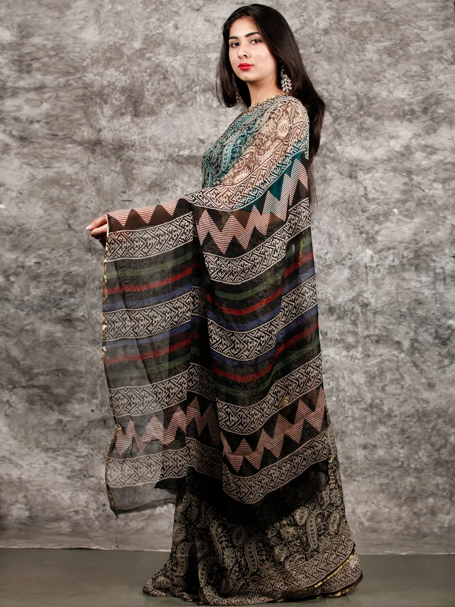 Ivory Black Hand Block Printed Chiffon Saree with Zari Border - S031703222