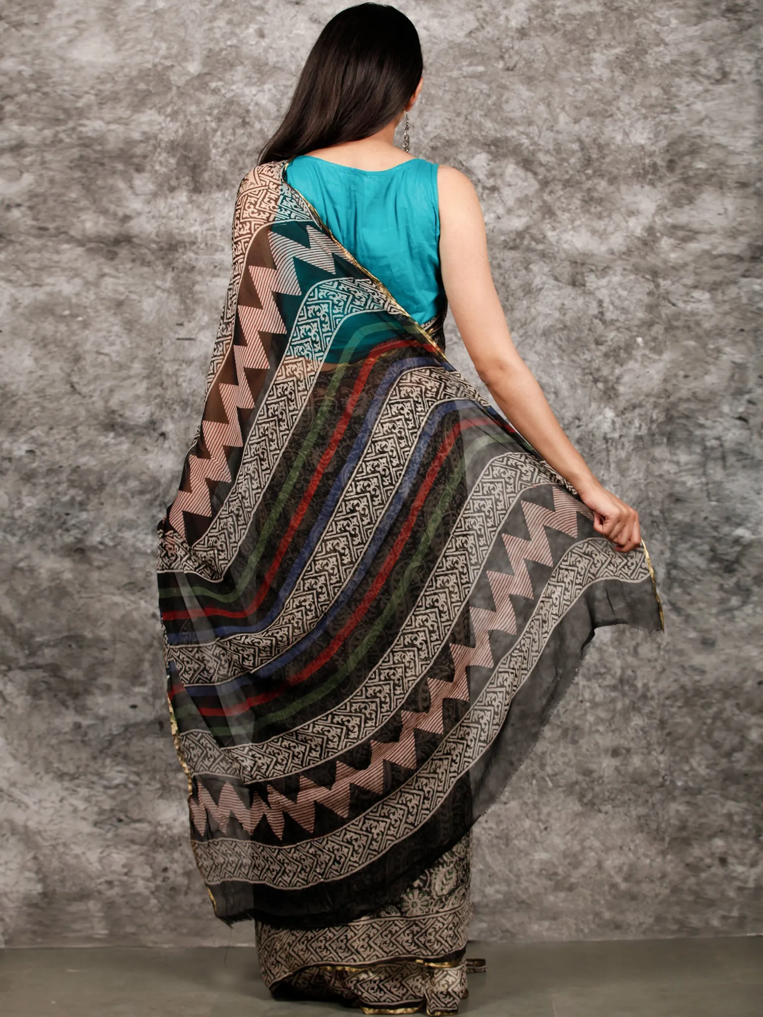 Ivory Black Hand Block Printed Chiffon Saree with Zari Border - S031703222