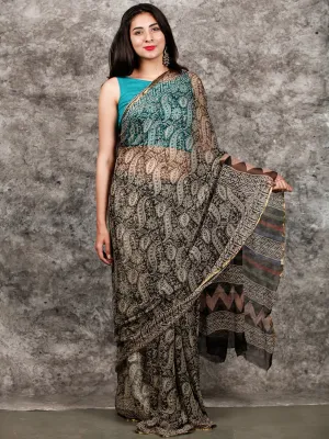 Ivory Black Hand Block Printed Chiffon Saree with Zari Border - S031703222