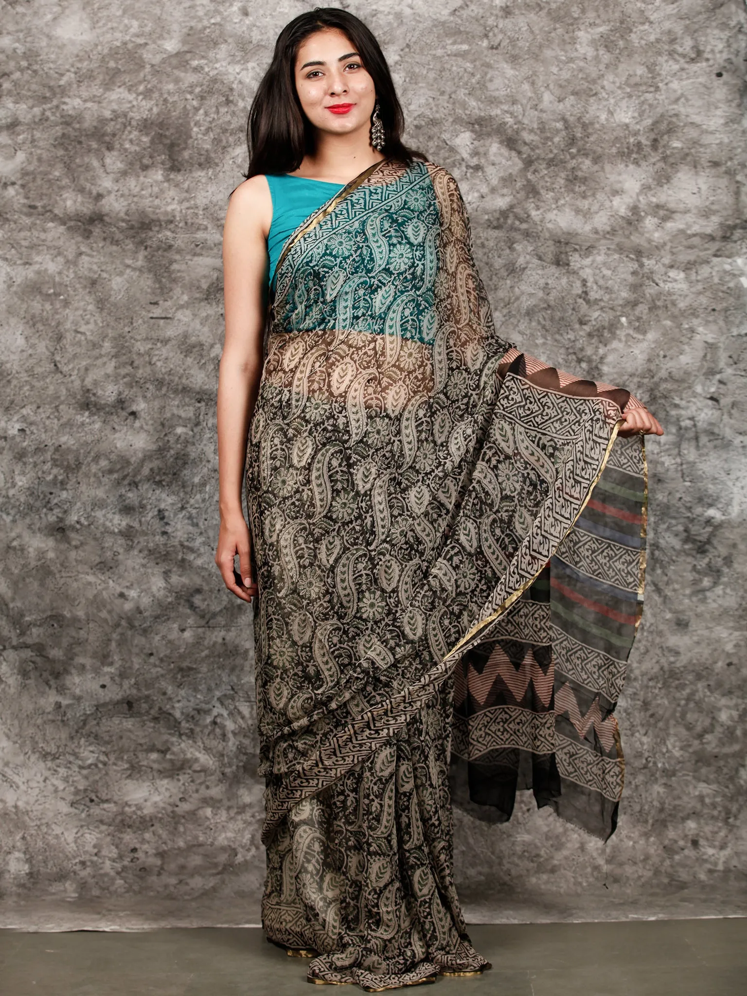 Ivory Black Hand Block Printed Chiffon Saree with Zari Border - S031703222