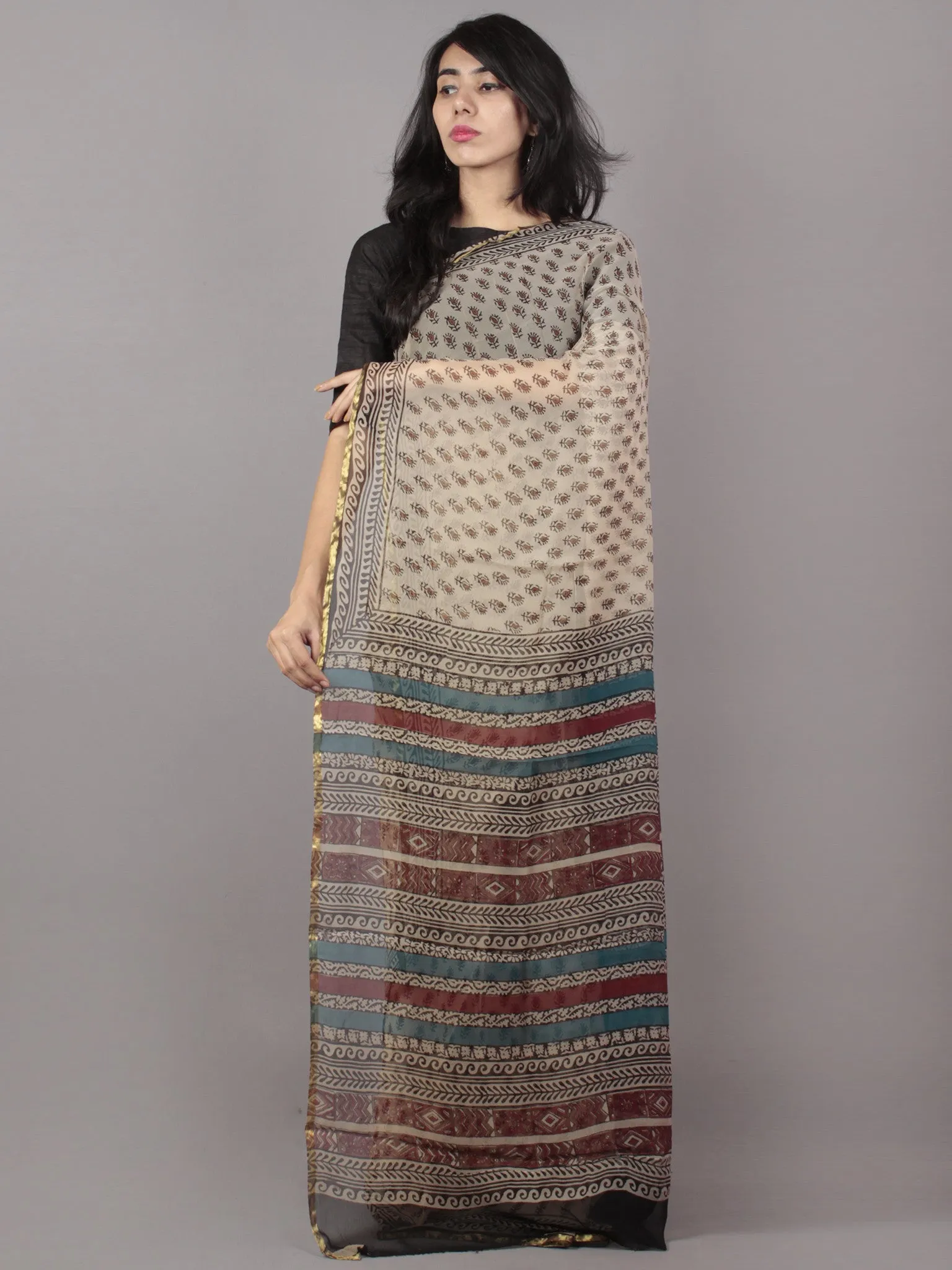 Ivory Black Light Red Hand Block Printed Chiffon Saree - S031701699