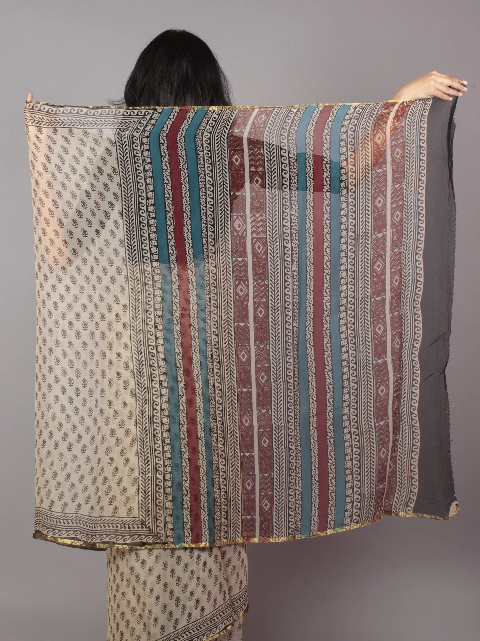 Ivory Black Light Red Hand Block Printed Chiffon Saree - S031701699