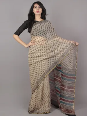 Ivory Black Light Red Hand Block Printed Chiffon Saree - S031701699