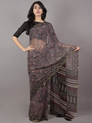 Ivory Blue Maroon Hand Block Printed Chiffon Saree - S031701697