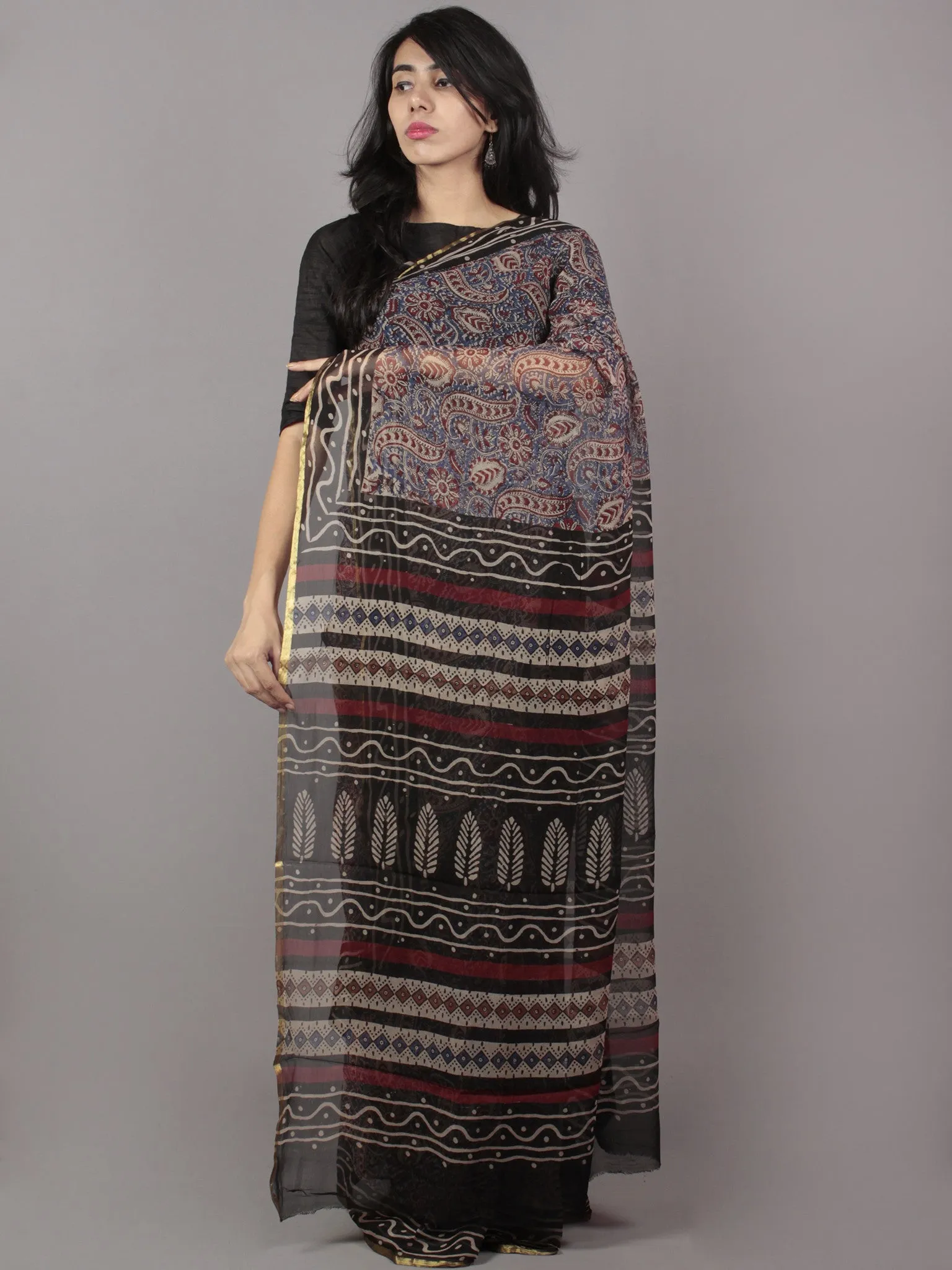 Ivory Blue Maroon Hand Block Printed Chiffon Saree - S031701697