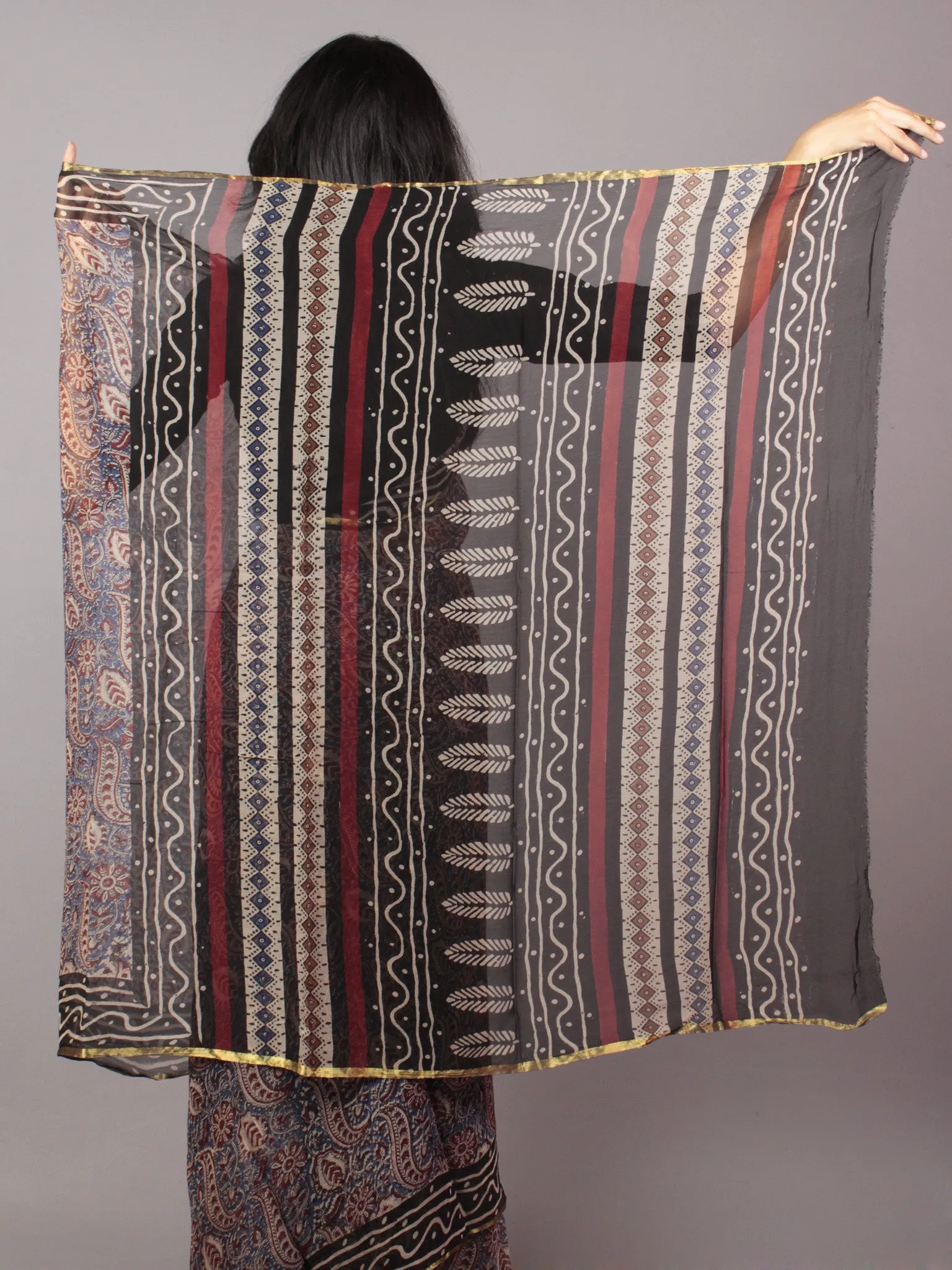 Ivory Blue Maroon Hand Block Printed Chiffon Saree - S031701697