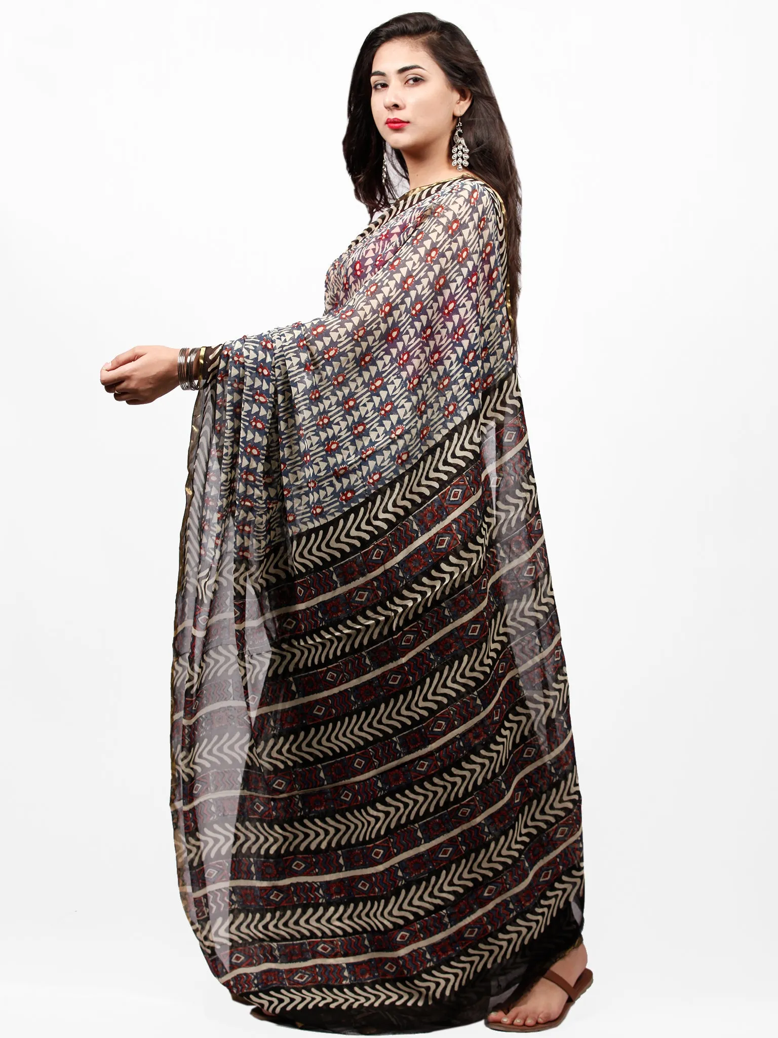Ivory Grey Red Black Hand Block Printed Chiffon Saree with Zari Border - S031703268