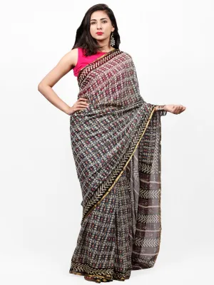 Ivory Grey Red Black Hand Block Printed Chiffon Saree with Zari Border - S031703268