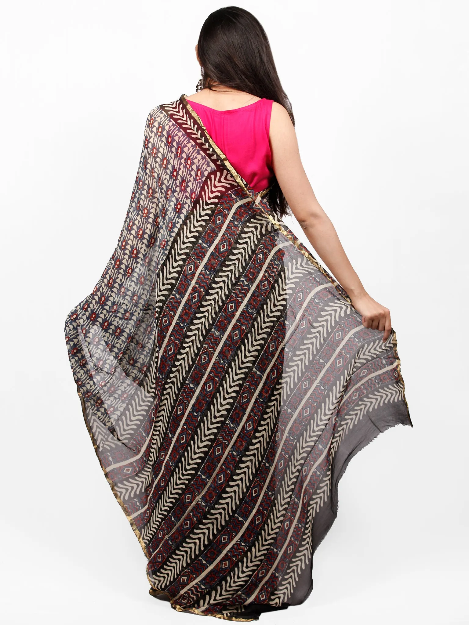 Ivory Grey Red Black Hand Block Printed Chiffon Saree with Zari Border - S031703268