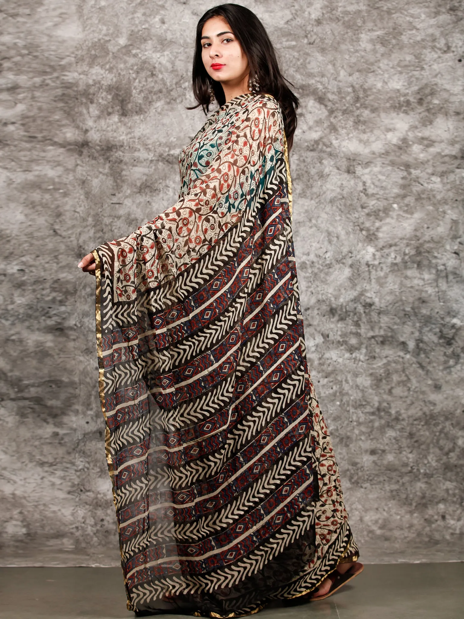 Ivory Red Black Hand Block Printed Chiffon Saree with Zari Border - S031703218