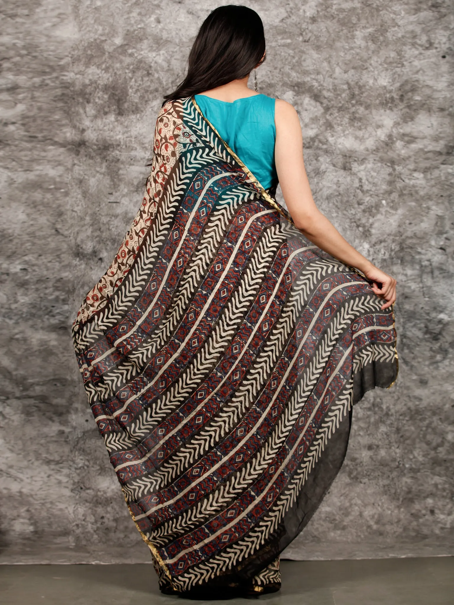 Ivory Red Black Hand Block Printed Chiffon Saree with Zari Border - S031703218