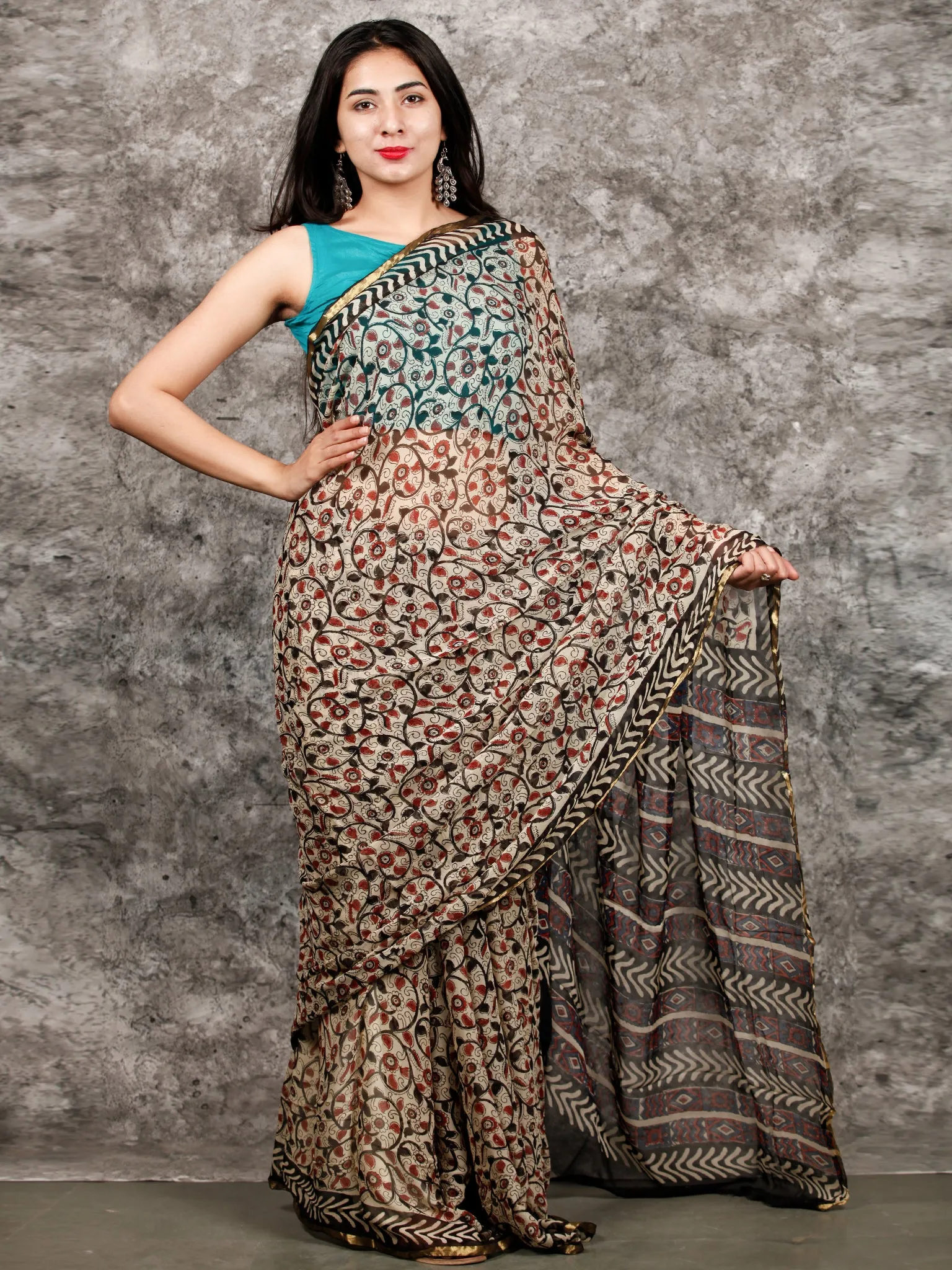 Ivory Red Black Hand Block Printed Chiffon Saree with Zari Border - S031703218