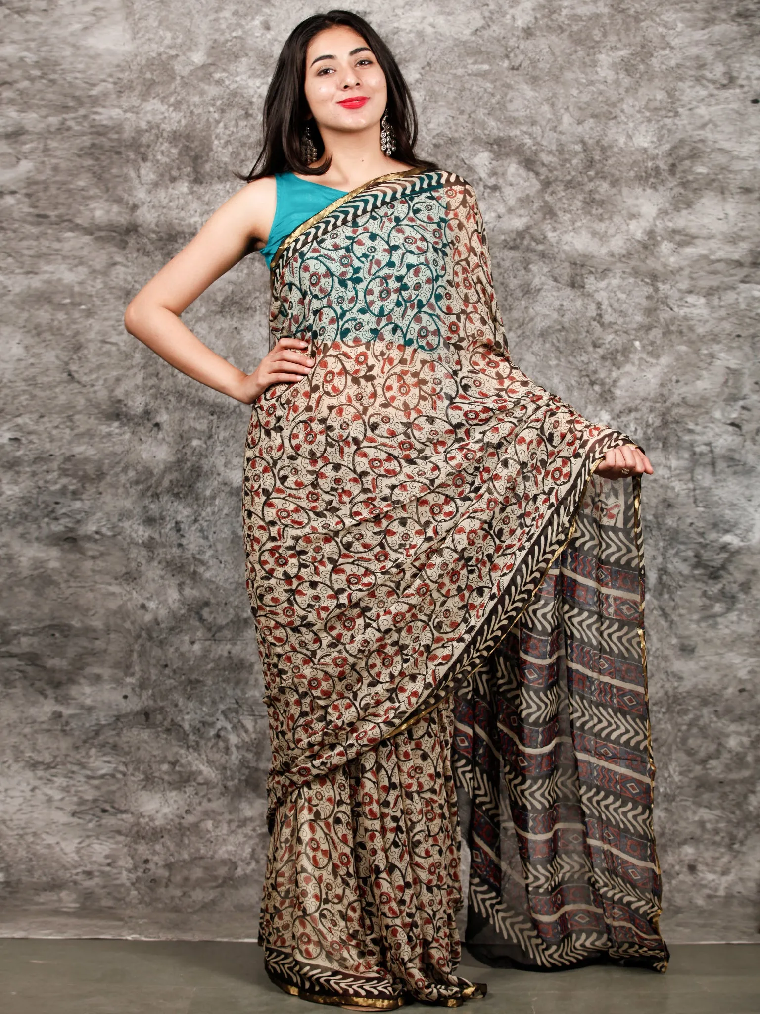 Ivory Red Black Hand Block Printed Chiffon Saree with Zari Border - S031703218